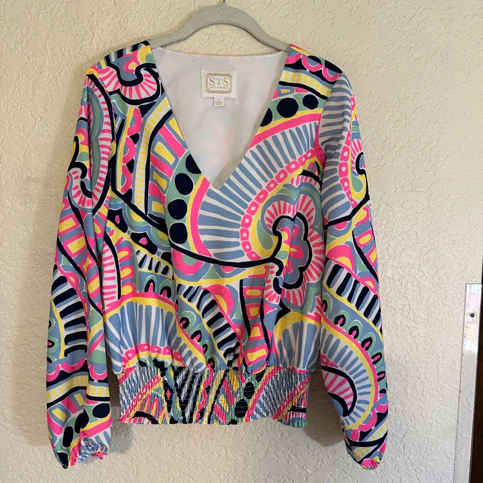 Sail to Sable Small Colorful Abstract Smocked Waist V Neck Long Sleeve Blouse - Image 2