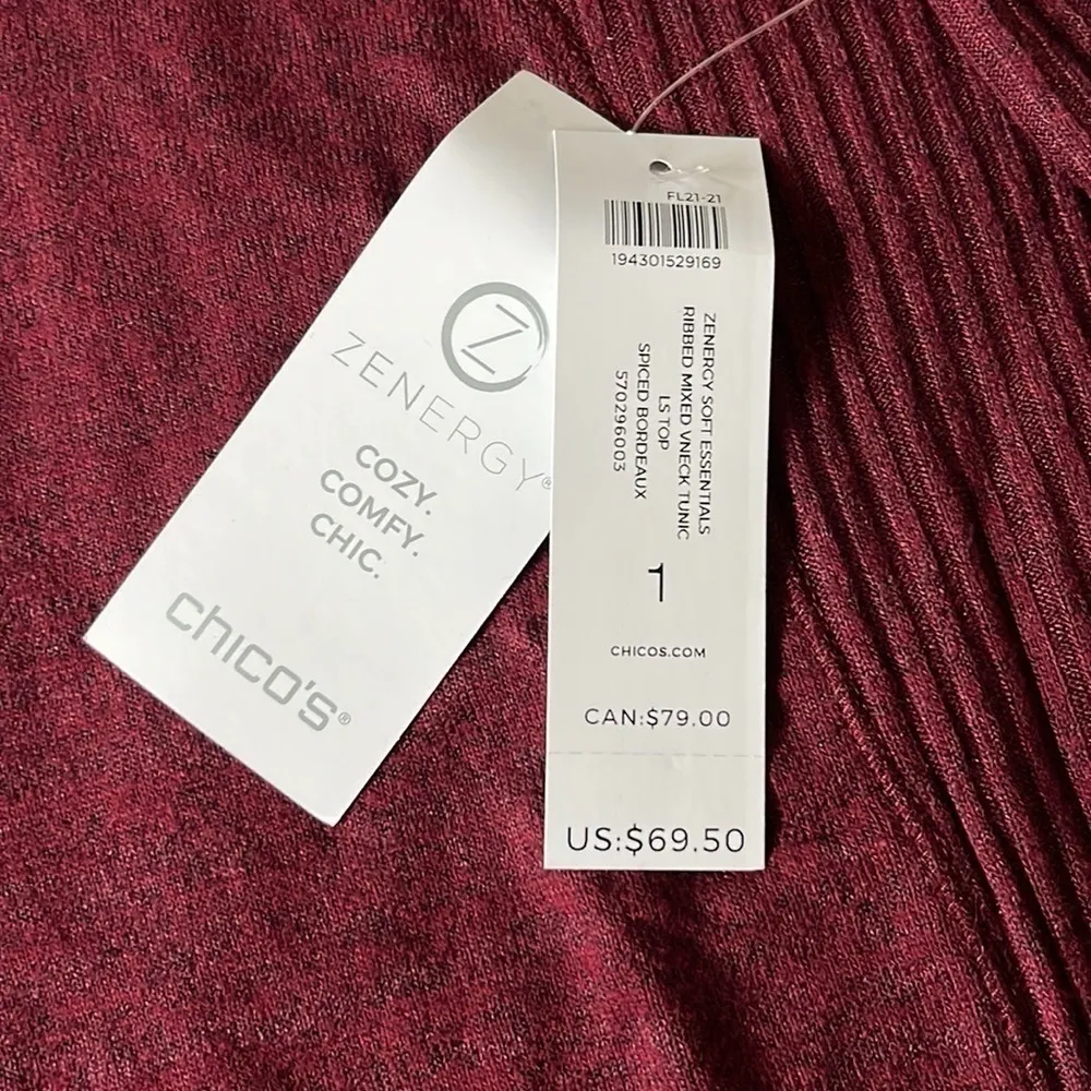 CHICO’S ZENERGY SOFT ESSENTIALS
RIBBED MIXED NECK TUNIC SPICED BORDEAUX sz. 8/10 - Image 3