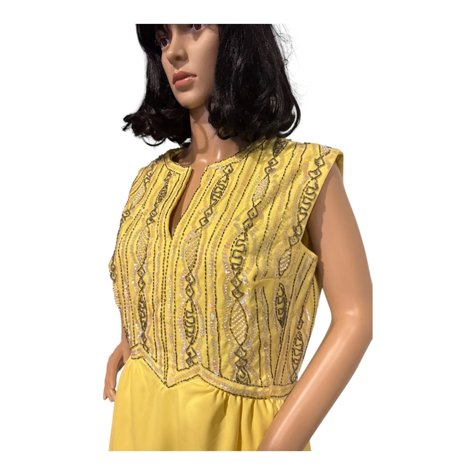 Vintage 1950s Yellow Beaded & Sequin Pearl Embellished Sleeveless Gown | Large - Image 16