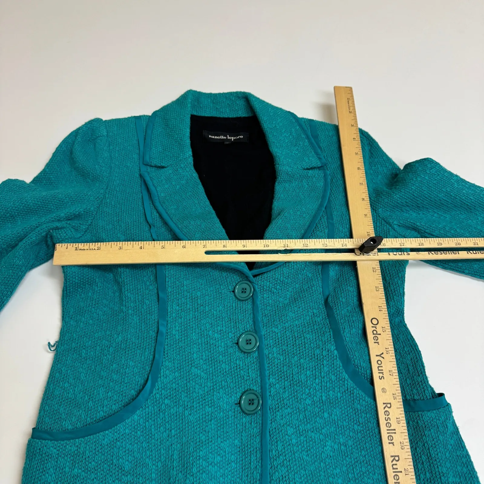 Nanette Lepore  Blazer Womens Medium Blue Green Tweed Jacket Button Front Cotton - Image 9