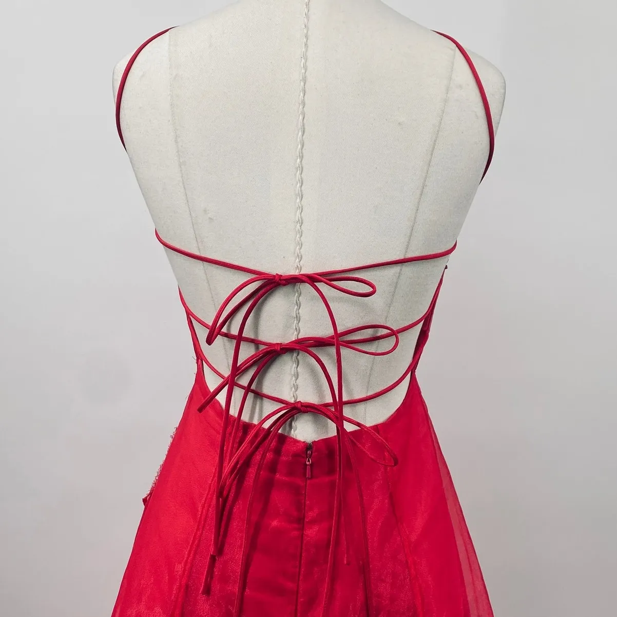 Vintage 90s Y2k Beaded Halter Gown Y Neck Lace up Open Back Organza Hot Pink XS - Image 7