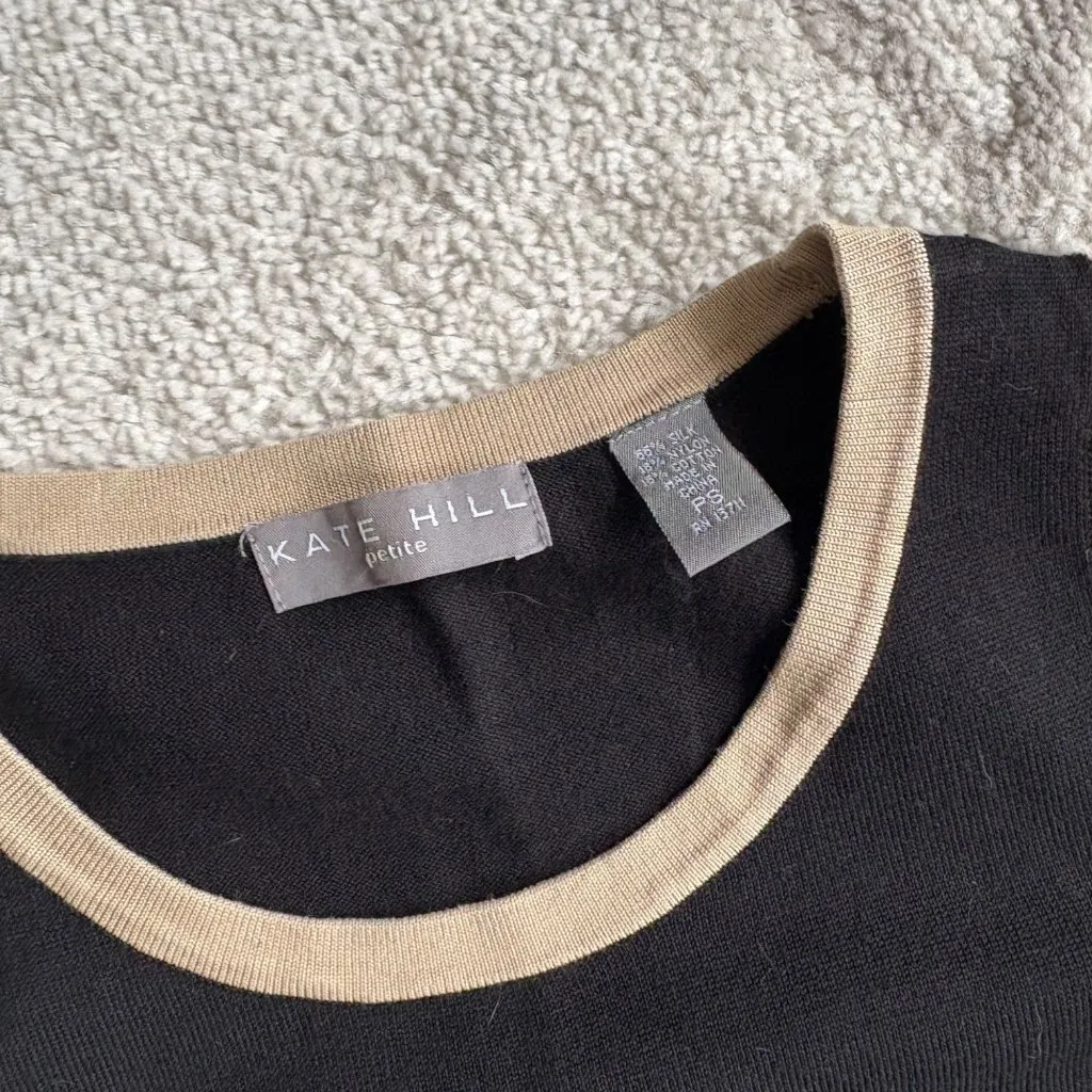 Kate Hill Silk & Cotton Tank Top Black with Tan Contrast Trim Sleeveless Knit - Image 2