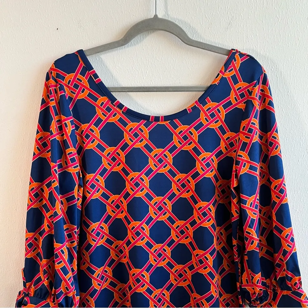 Mud Pie Dress Navy Blue Orange 3/4 Tie Sleeve Scoop Neck Shift Dress Sz M EUC - Image 2