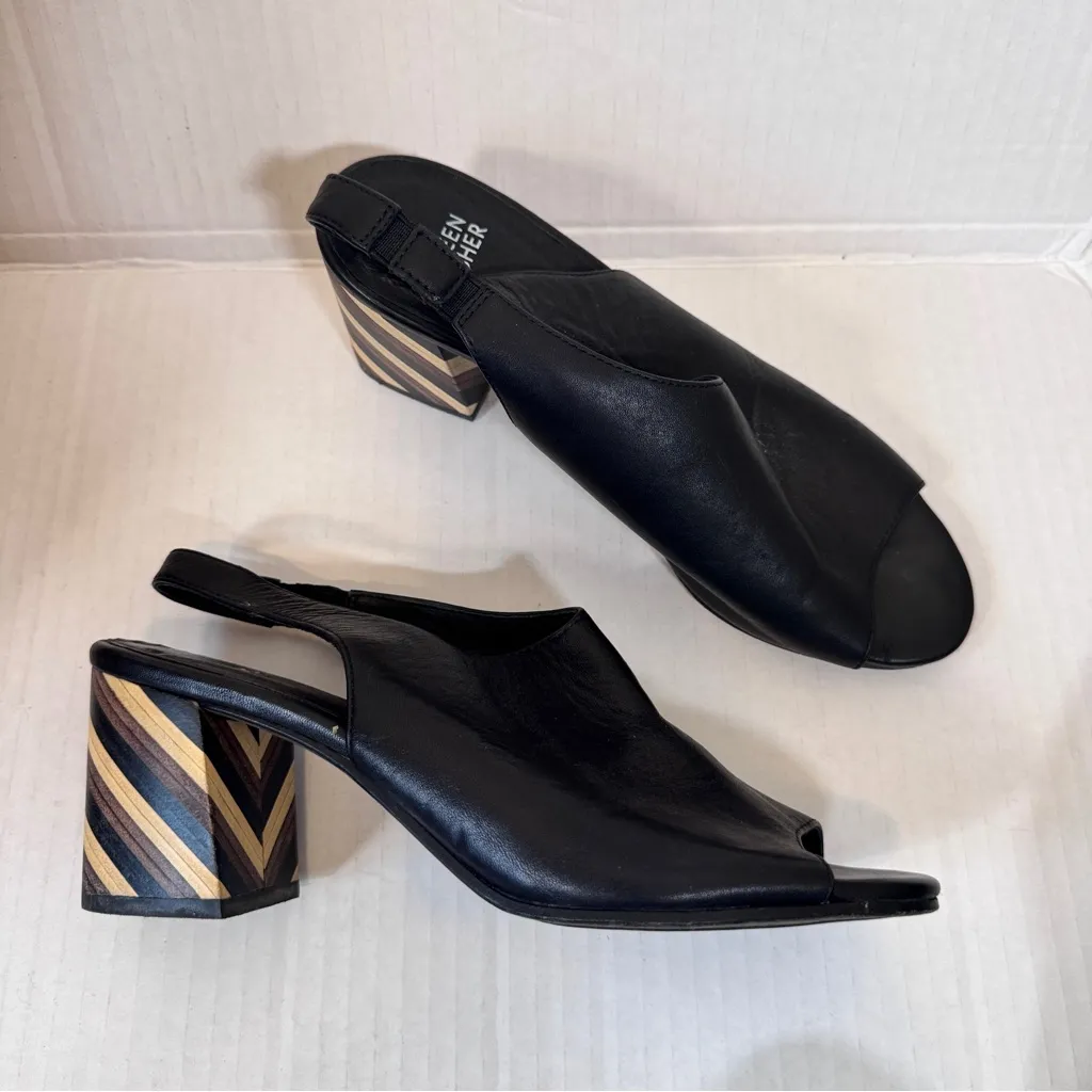 Eileen Fisher Black Leather Peep Toe Block Heels Womens 9 Striped Wood Stacked - Image 8
