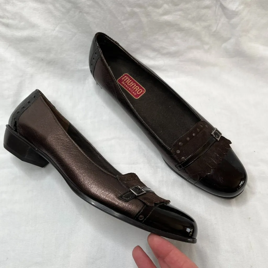 Munro American Womens 8 N Brown Patent Leather And Suede Fringe Buckle Loafer - Image 3