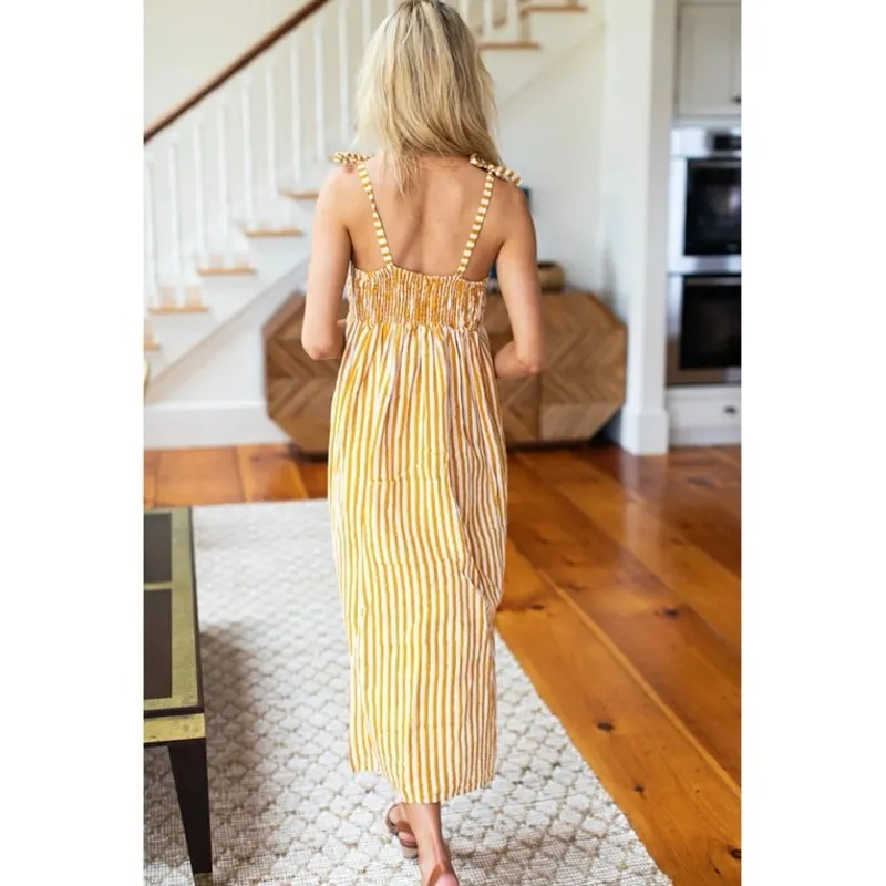 Emerson Fry India Collection Size M Cayman Dress Marigold Stripe Organic Linen Yellow Size M - Image 2