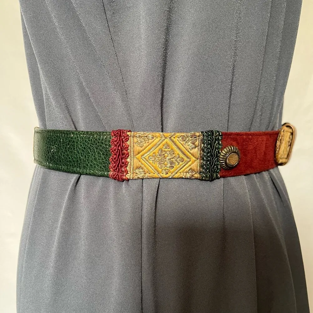 VINTAGE ALDEN HOWARD Patchwork Boho Womens Belt Sz M Burgundy Cherry Retro Green - Image 6