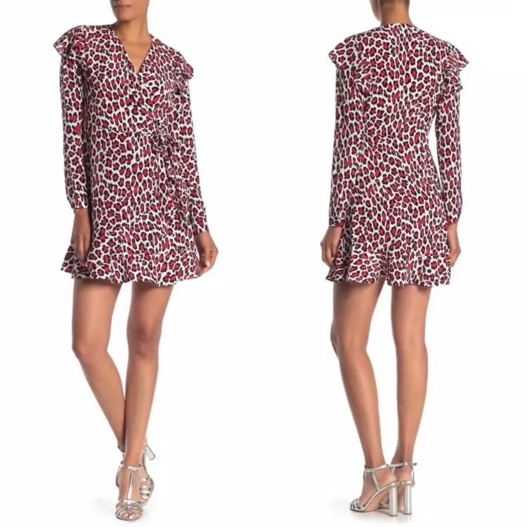 Robert Rodriguez Leopard Lena Wrap Dress White Black Red Long Sleeve Tie Ruffle - Image 8