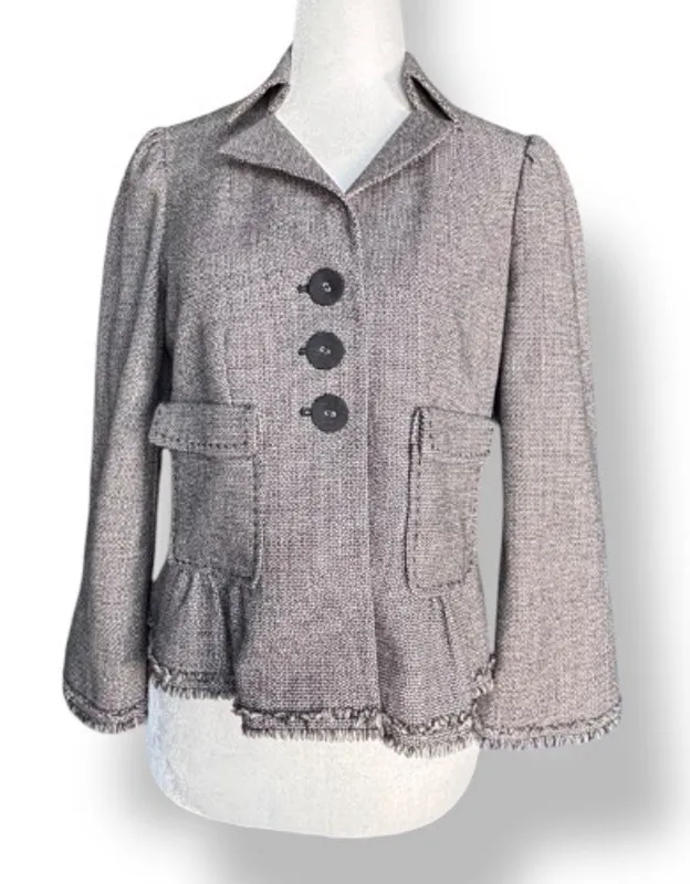 Rebecca Taylor Gray Tweed Wool Jacket Peplum Fringe Mini Polka Dots Designer 4 - Image 1