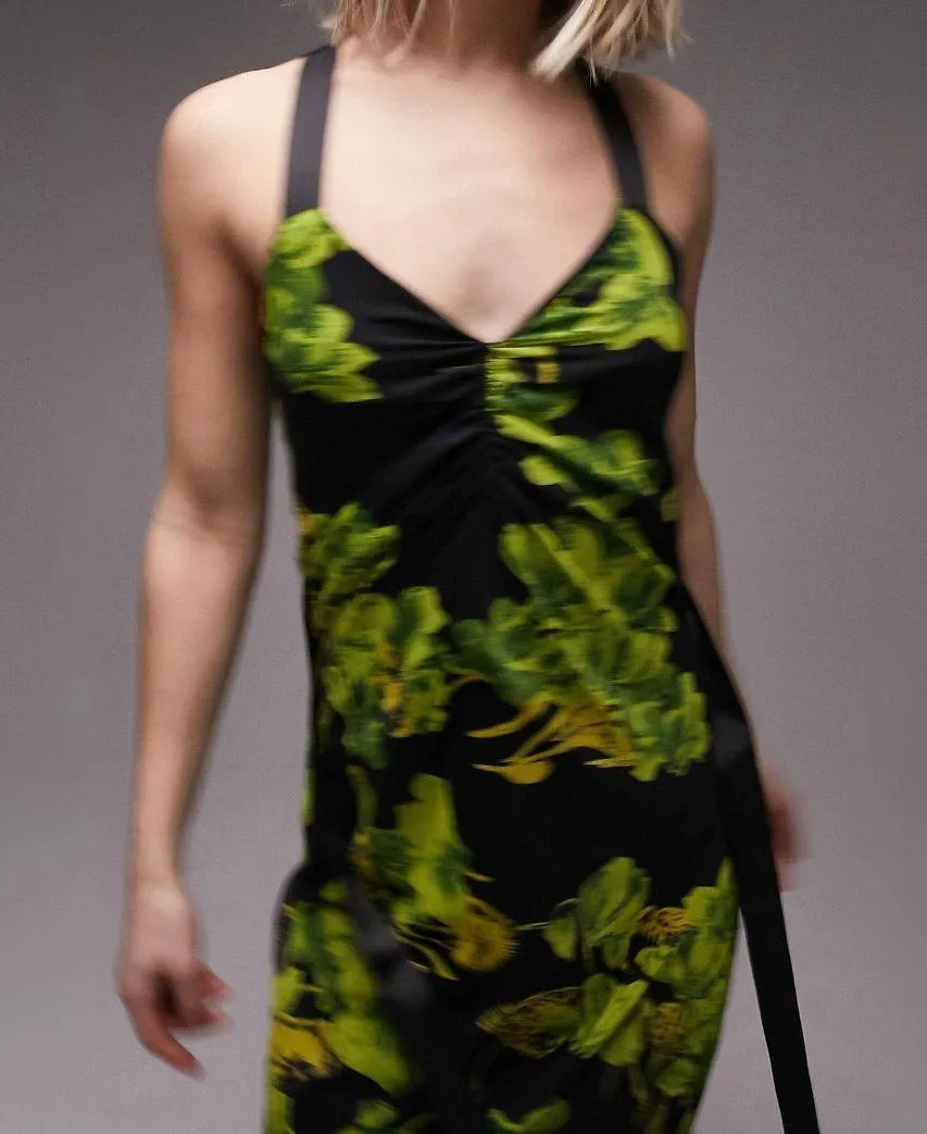 New  Floral Print Crossback Strap Maxi Dress Black Green Multi Size 4 - Image 3