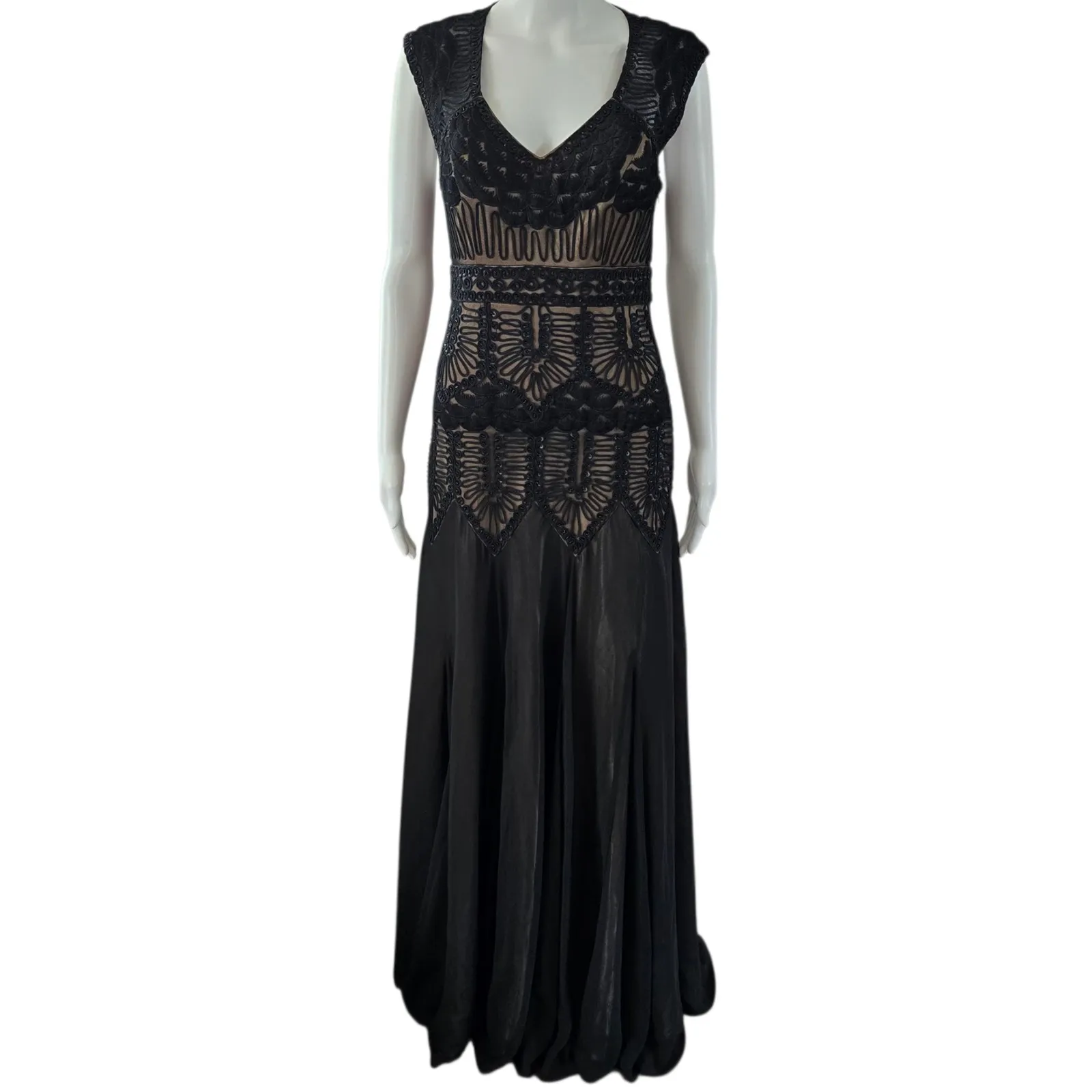 Sue Wong Nocturne Black Lace Beaded V Neck Cap Sleeve Maxi Dress Size 6 - Image 2