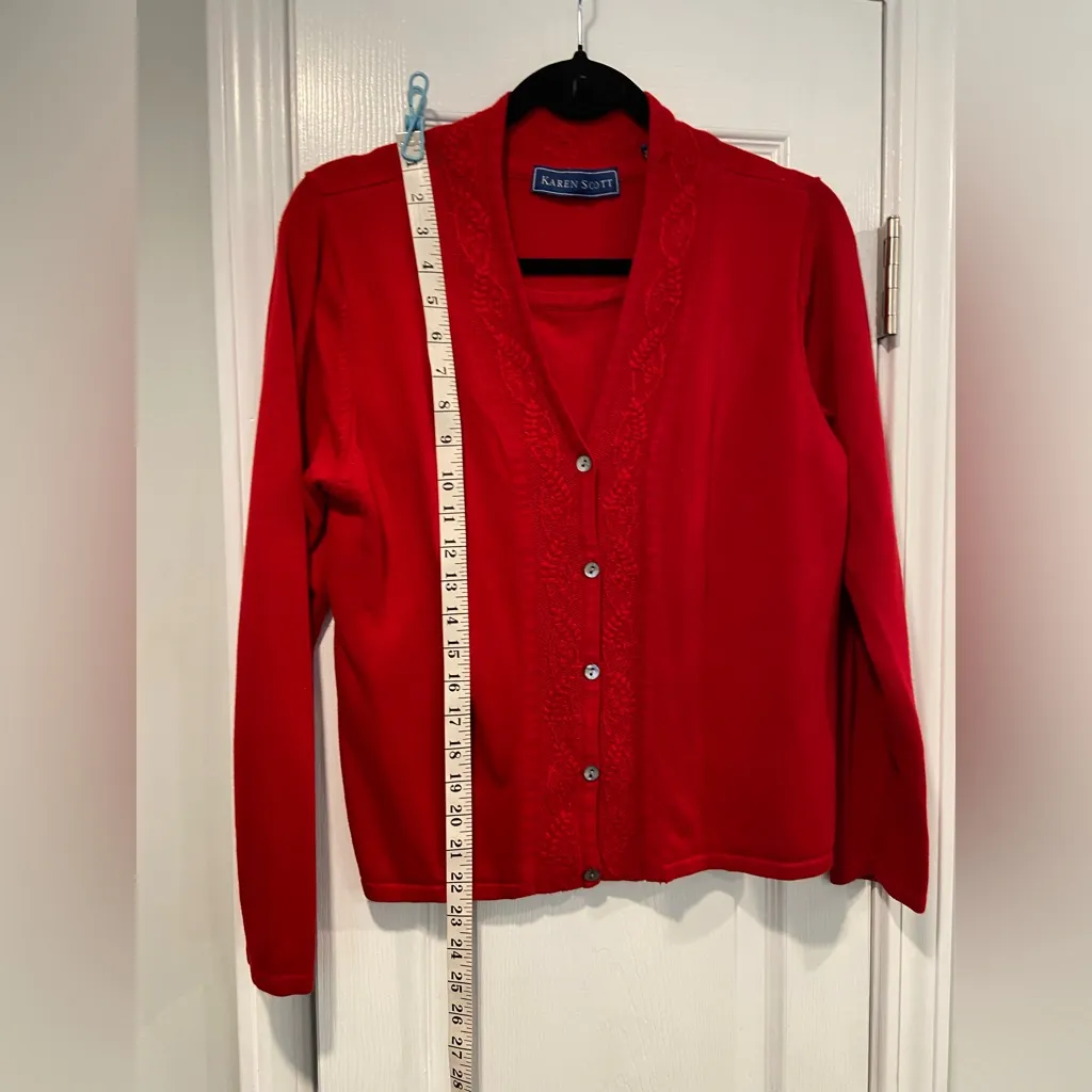 Karen Scott Size L Red Embroidered Button Front Cardigan Sweater Front Lined - Image 9