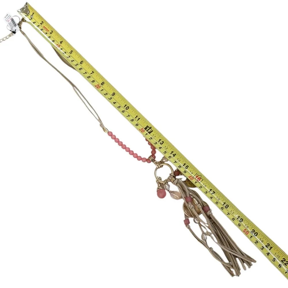 NWT Chico’s Leather Beaded Tassle Necklace Tan Gold Pink - Image 7