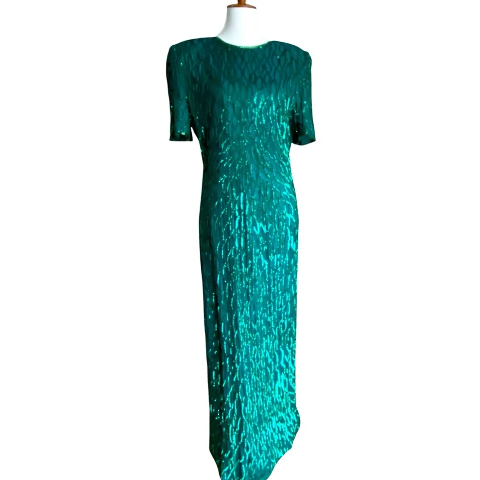 Vintage Womens Formal Dress Large Silk Sequin Long Maxi MCM Prom 20s Occasion Green Size M - Image 6