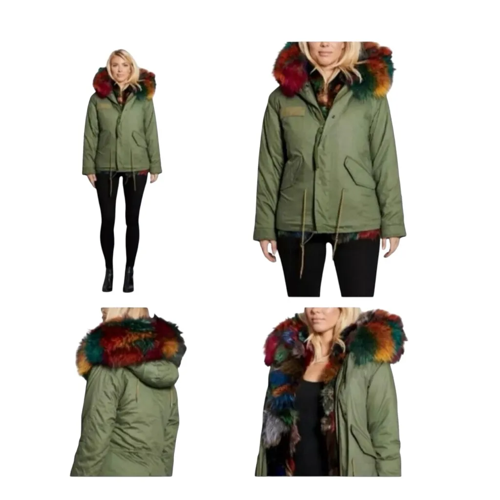 Popski Olive Green Bomber Jacket Rainbow Faux Fur Trim Multicolor Lining Women M Size 6 - Image 14