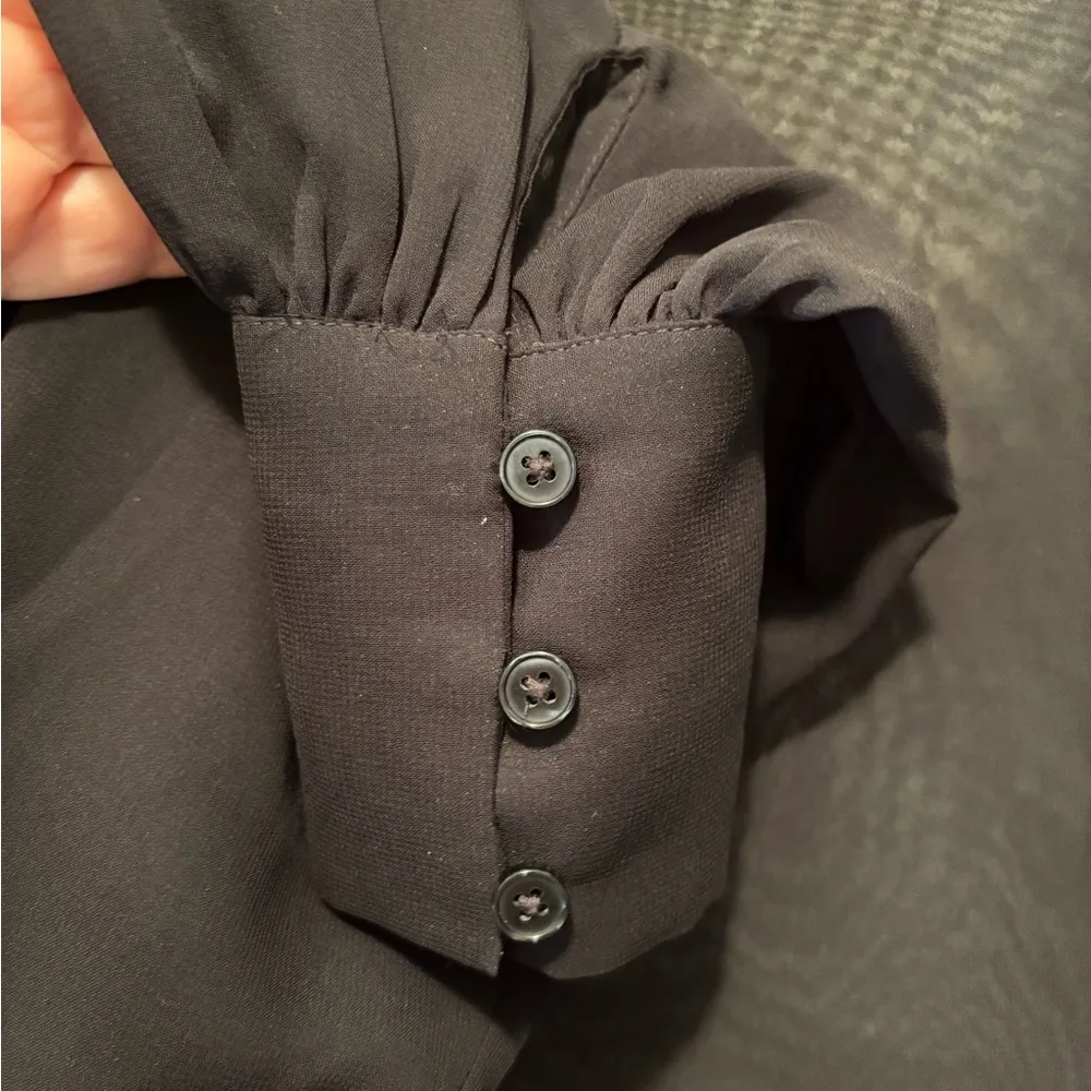 Plunging Chiffon Draped Black Bodysuit S Sheer Ballon Sleeve Sexy - Image 5