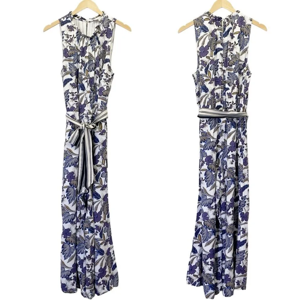 LOFT Floral Wide Leg Sleeveless Belted Jumpsuit Tropical Ivory Purple Size Large - Image 5
