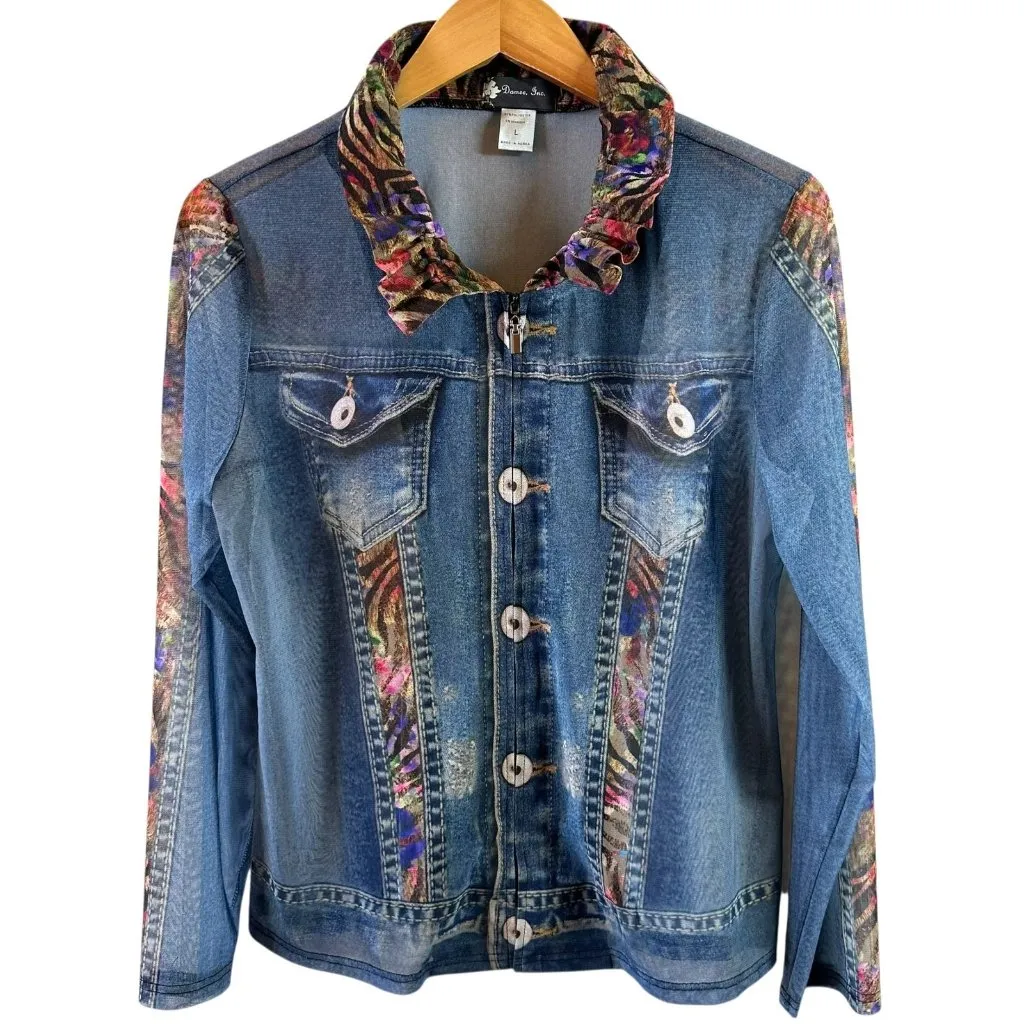 Damee Sheer Trompe L’Oeil Jean Jacket with Wired Collar – Women’s Size Large Blue - Image 2