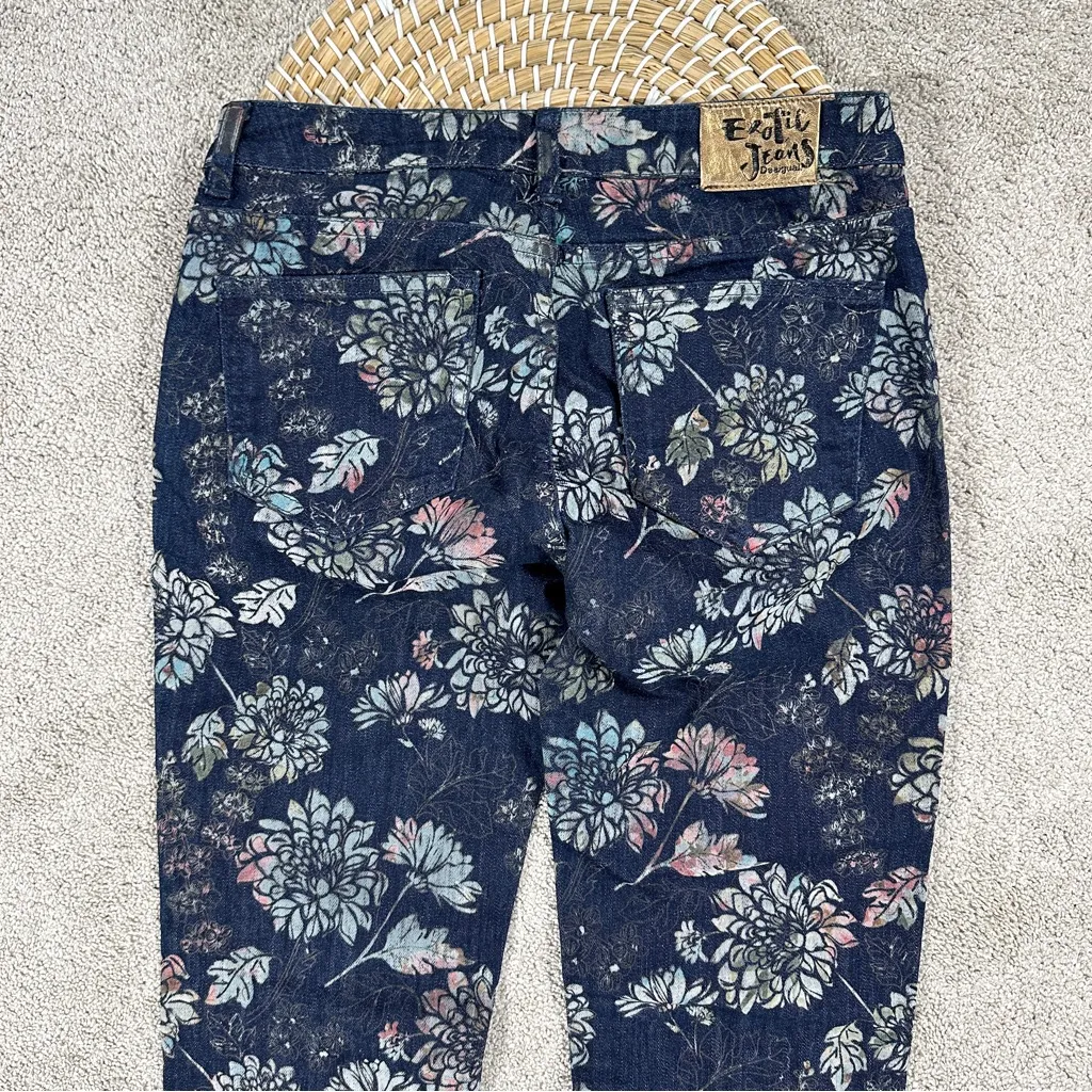 Desigual Women’s Navy Floral Skinny Leg Jeans Mid Rise Artsy Boho Art to Wear 28 - Image 8