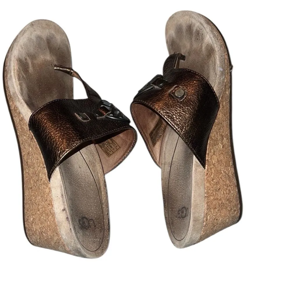 Ugg Bronze Leather Thong Cork Wedge Sandals 7 - Image 4