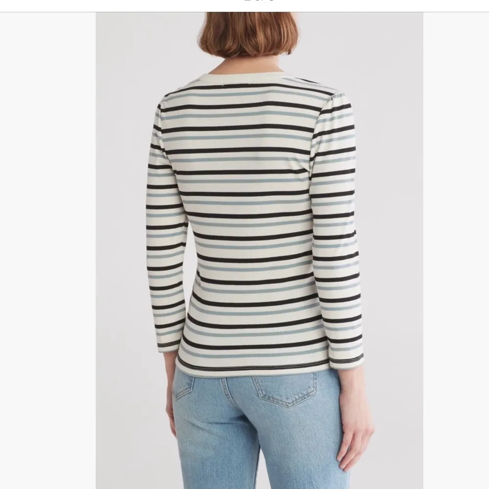 Sanctuary Women's Long Sleeve Henley Tee Sz L - Milk Blue Striped Ribbed Knit - Image 2