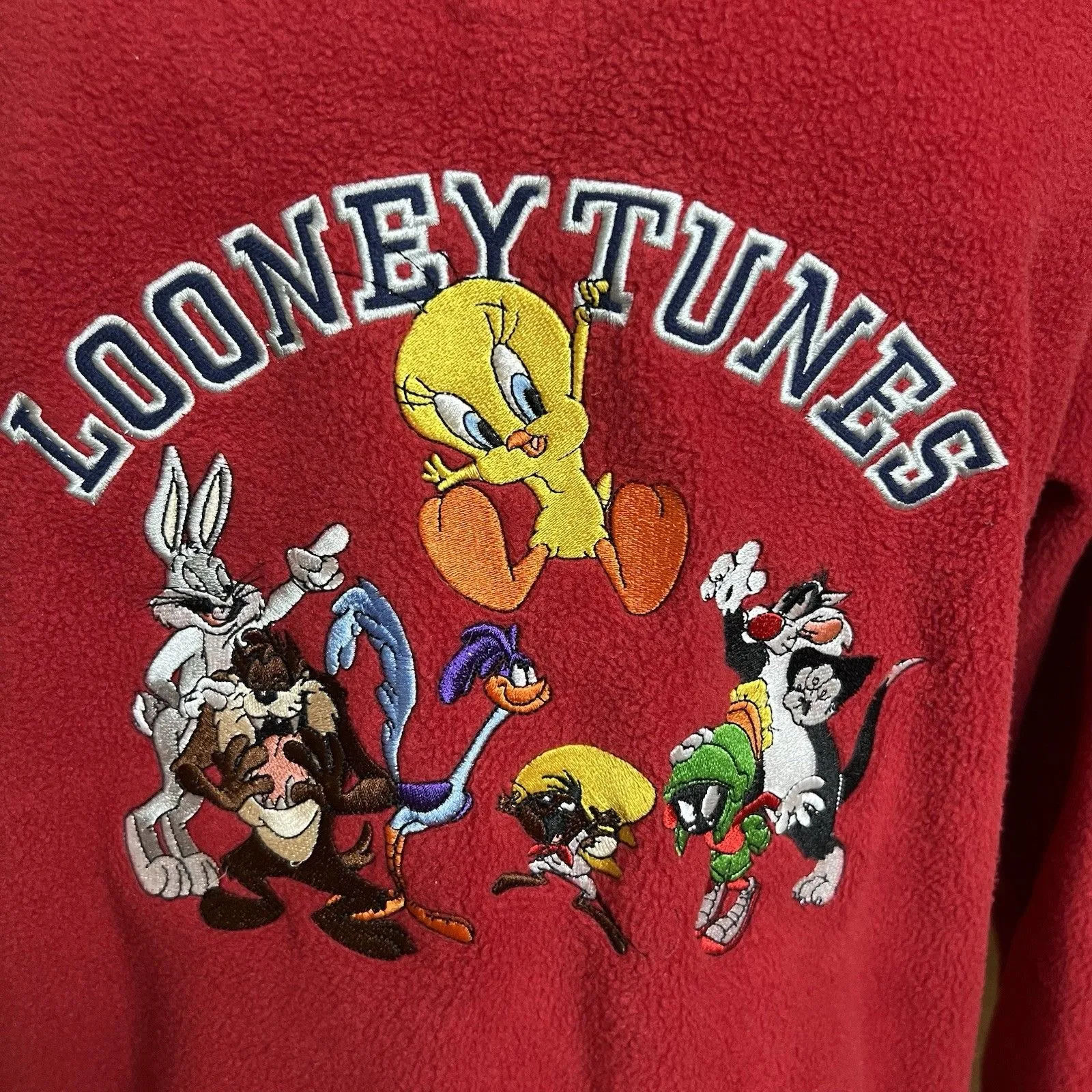 VTG Warner Bros Fleece Jacket Womens Small Red Quarter Zip Looney Tunes Tweety - Image 4