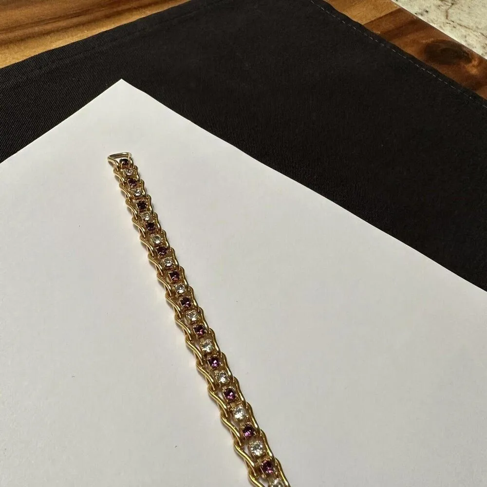 Women’s Gold Tone Purple / Clear Rhinestone Tennis Chain Bracelet 7 3/8 Inch - Image 8