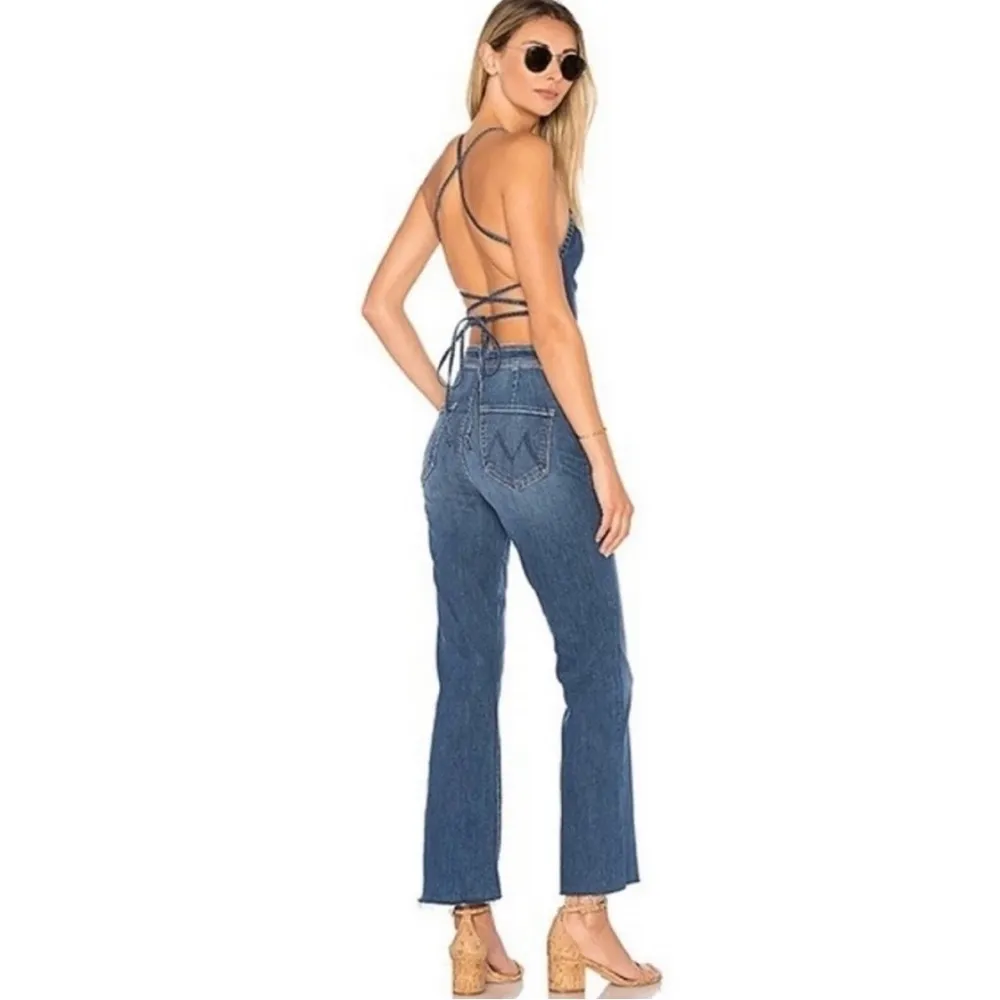 Mother RARE Denim The Tie Back Hustler Ankle Fray Jumpsuit NEW Blue Size 26 - Image 4