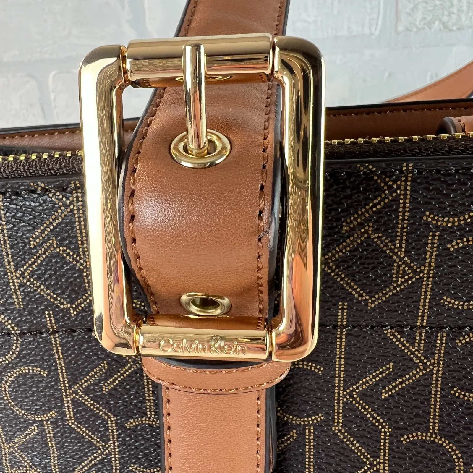 Calvin Klein Signature Tote Shoulder Bag Brown CK Monogram‎ Print Brown Leather - Image 4