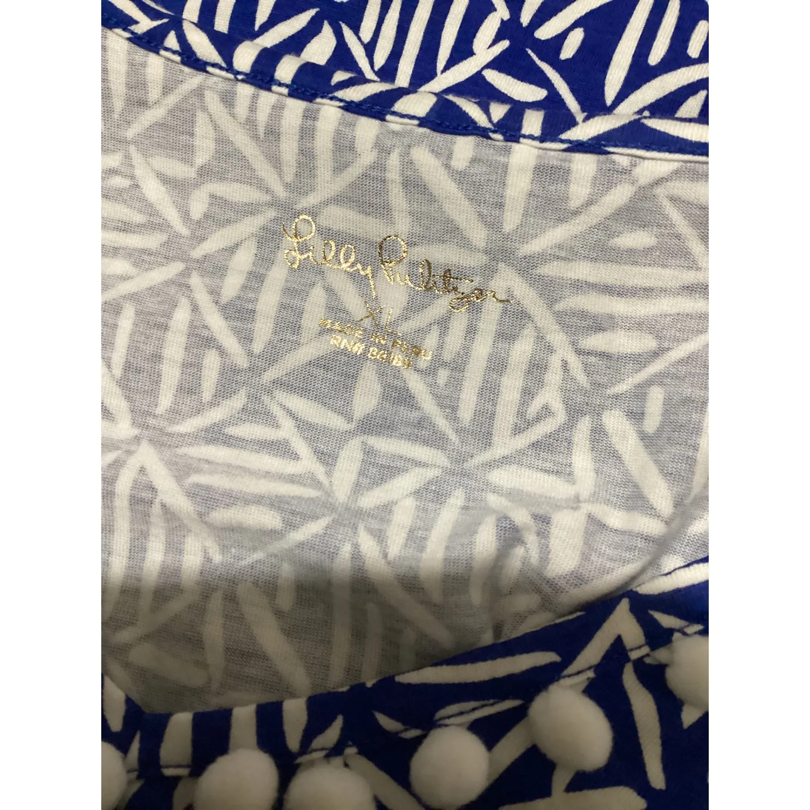 Lilly Pulitzer Blue White Print V Neck Pom Pom Trim Dress Size Medium - Image 4