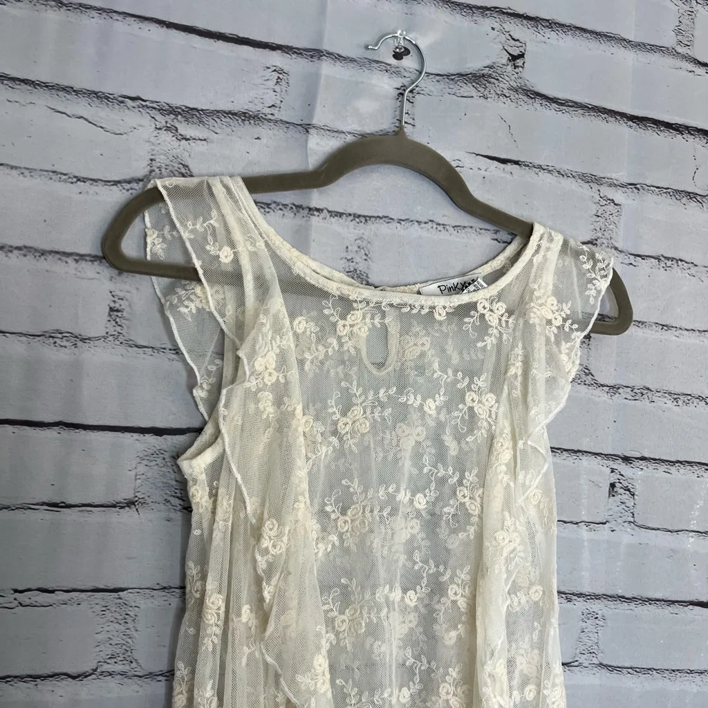 Pinky Sheer White Floral Lace Top SZ S Wedding See Through Minimalist Elegant - Image 3