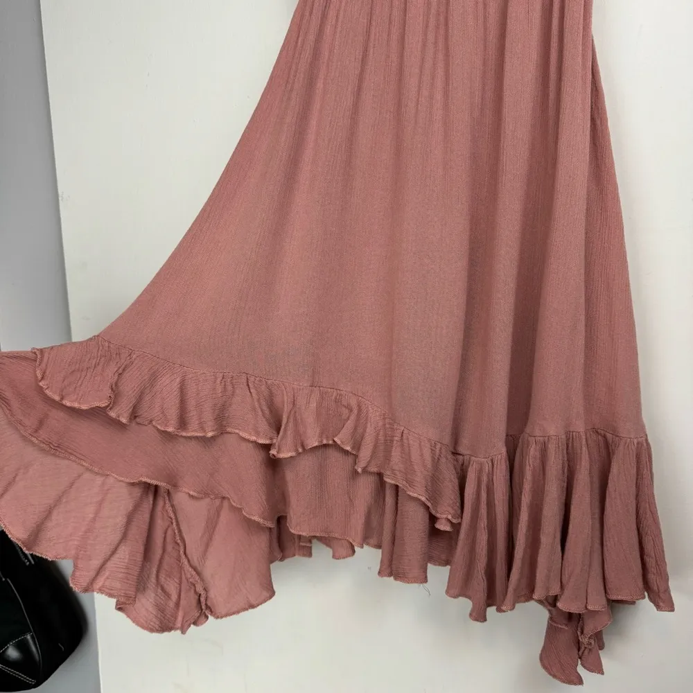 Free People Adella Crochet Trim Mini Dress Sz XS Mauve Dusty Rose Pink Ruffle - Image 11