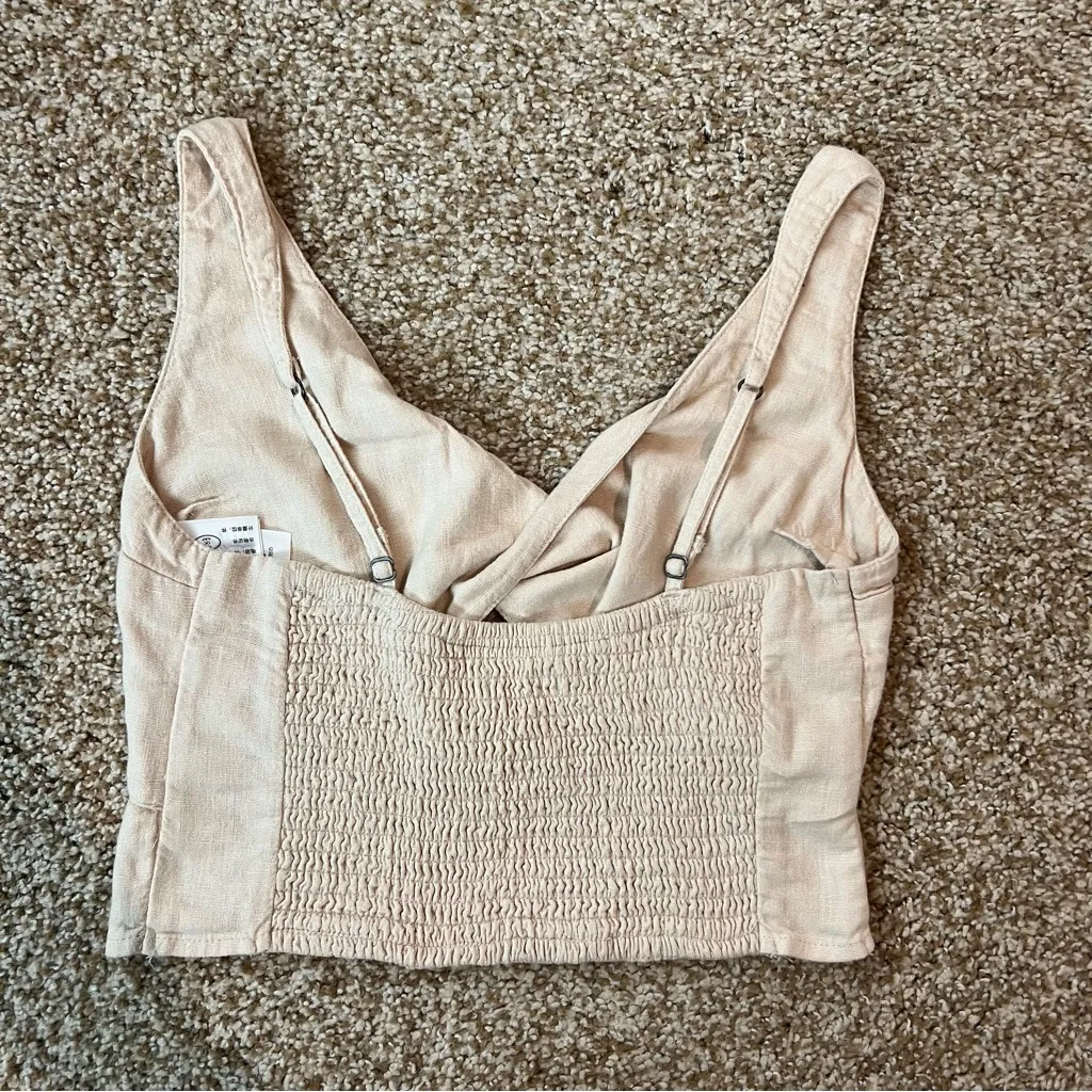 Abercrombie & Fitch Natural Tan Linen Blend Twist Front Linen Cropped Top XS - Image 6