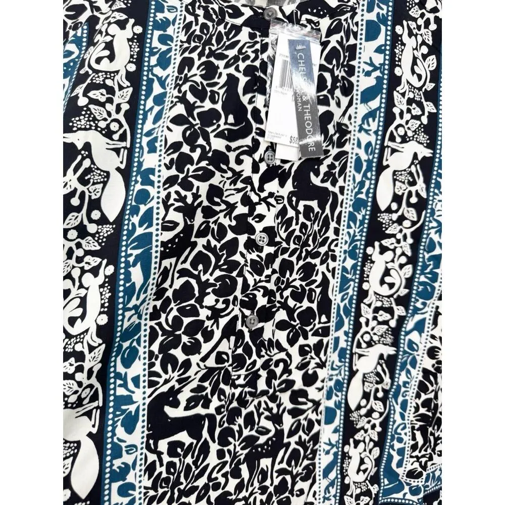 Chelsea & Theodore Womens Size 1X Black White Blue Fox Deer Print Boho Blouse - Image 8