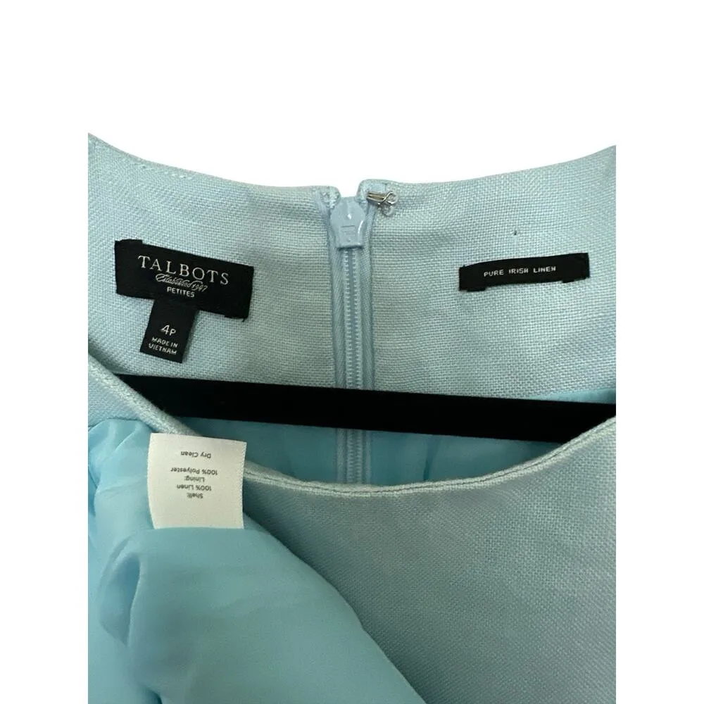 Talbots Size 4P Blue Pure Irish Linen Sleeveless Sheath Dress Zip Lined Classic - Image 3