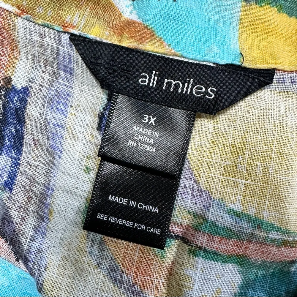 Ali Miles Linen Cotton Geometrical Woven Collar Button Up Shirt Art to Wear 3X White - Image 9