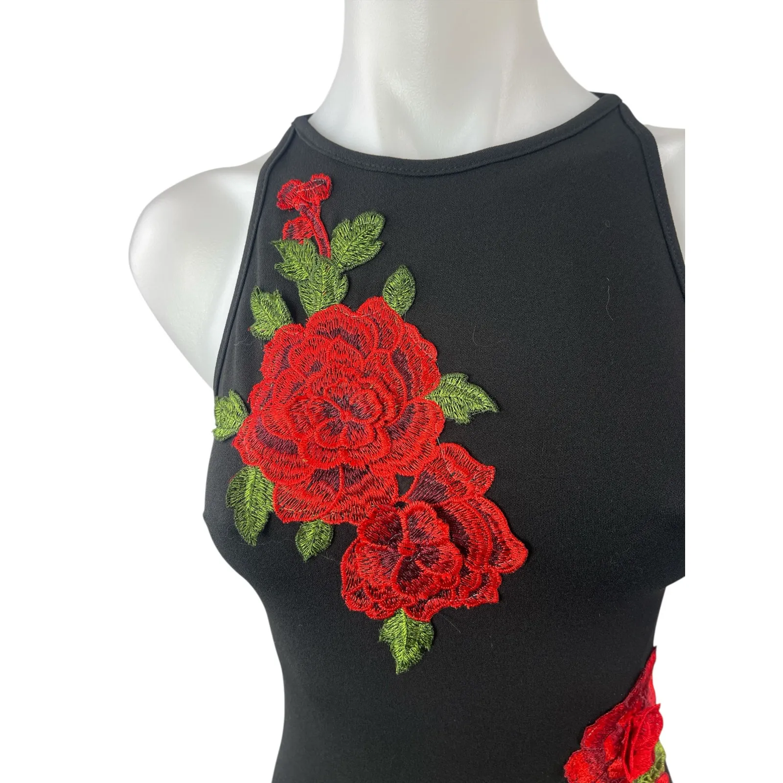B. Darlin Black Floral Embroidered High Neck Sleeveless Mini Bodycon Dress 1/2 - Image 3