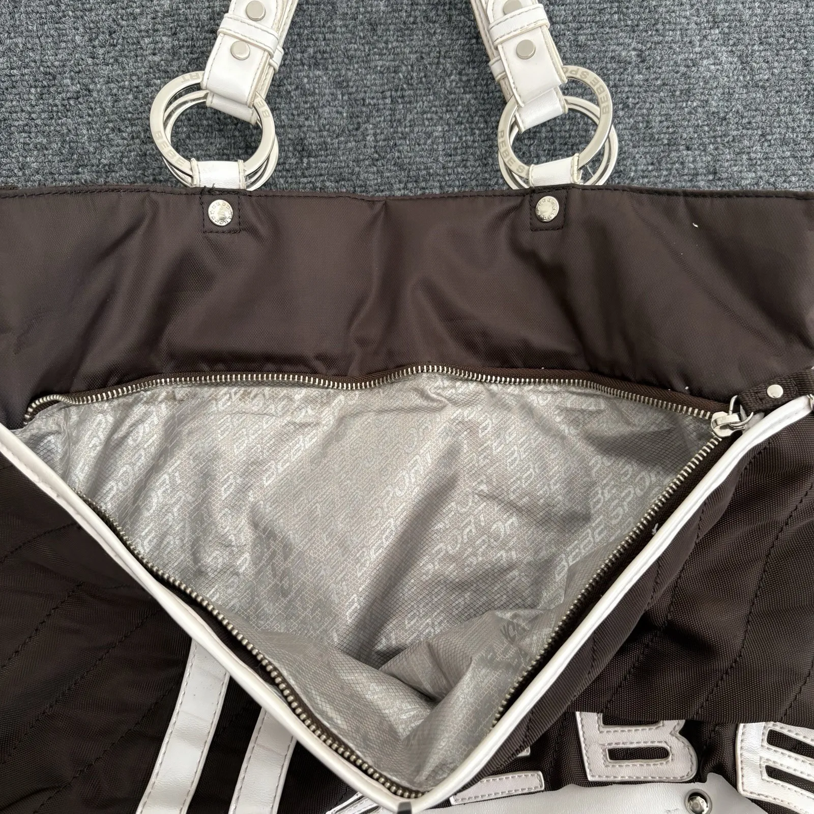 Y2K Style Bebe Sport Large Brown‎ White Quilted Tote Bag Purse Spellout Mallcore - Image 8