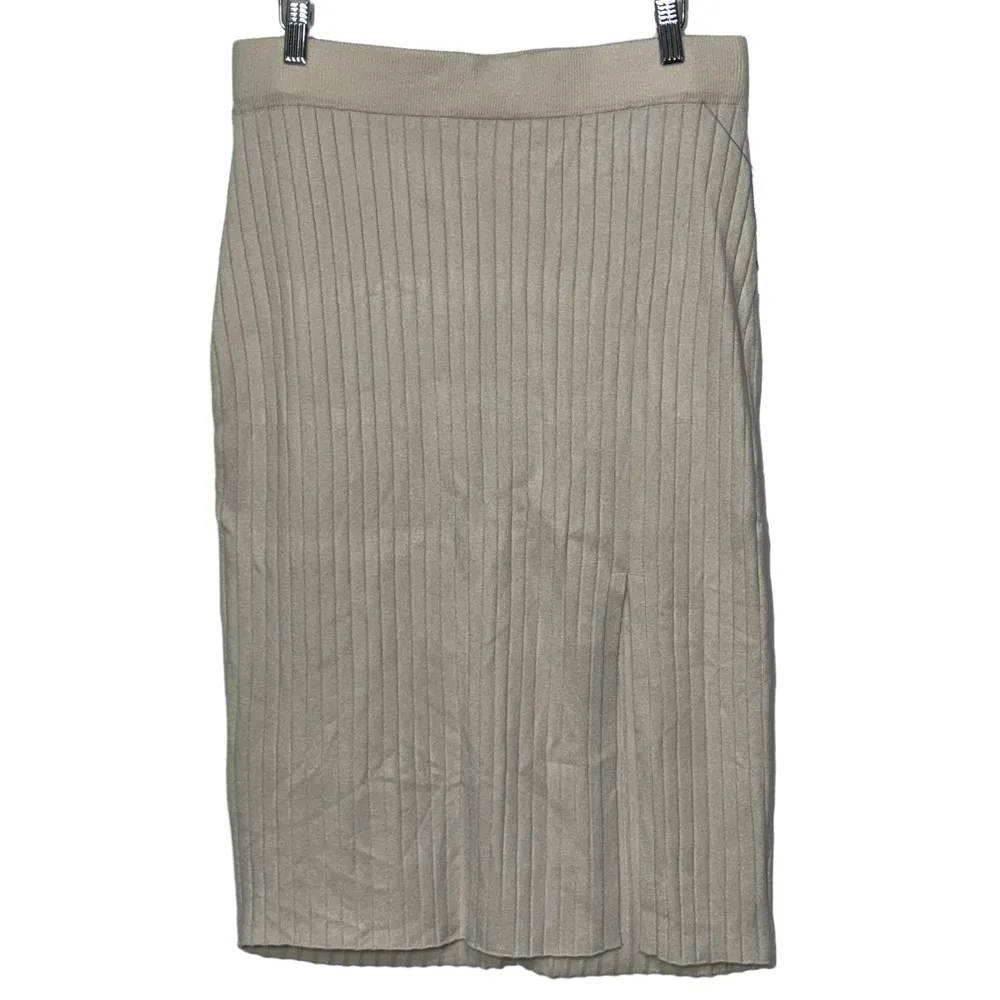 NEW Abercrombie & Fitch Soft A&F Tan Ribbed Knit Pencil Slit Midi Skirt Size L - Image 2
