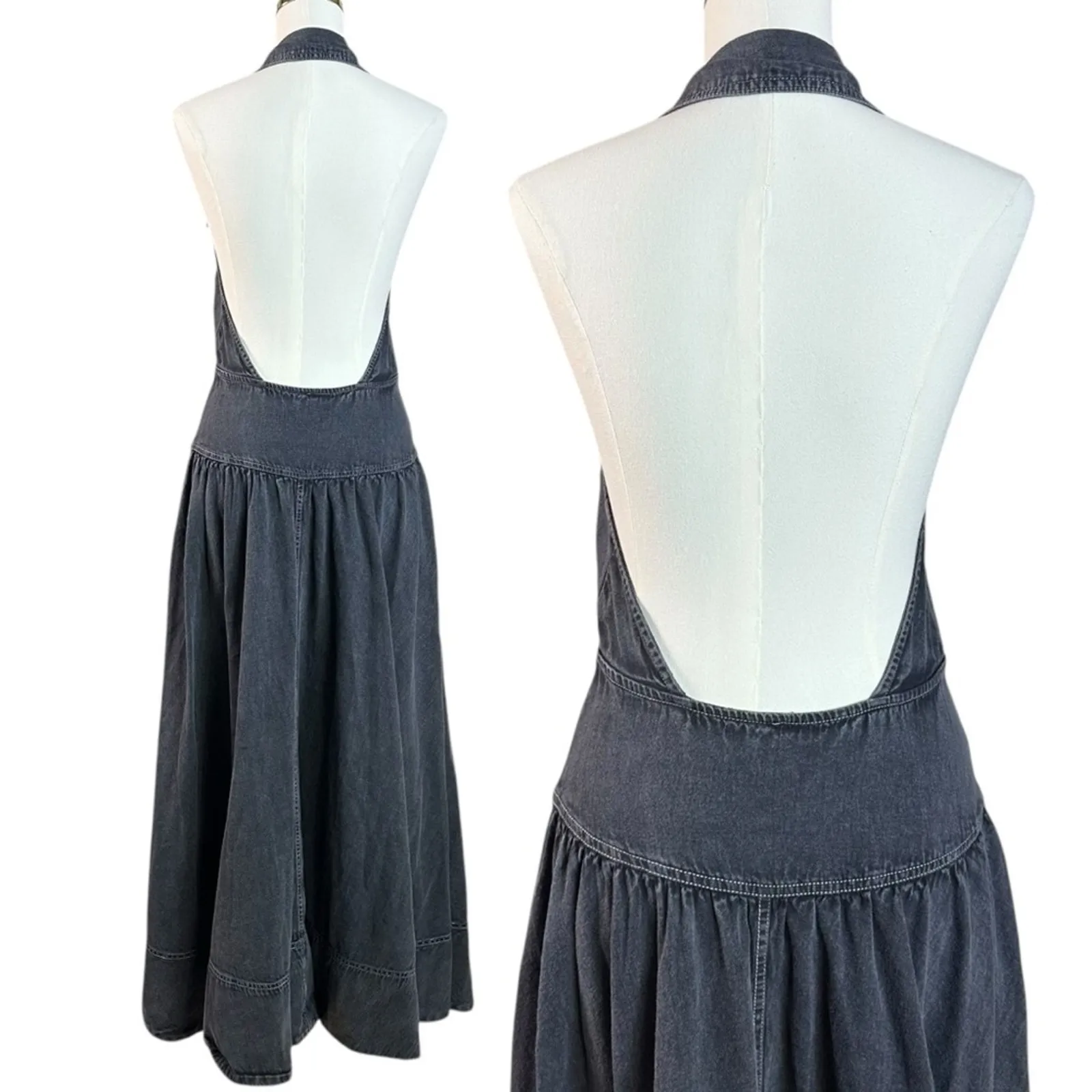 Free People Soundwave Denim Halter Maxi Dress in Black Size Small Bohemian - Image 6