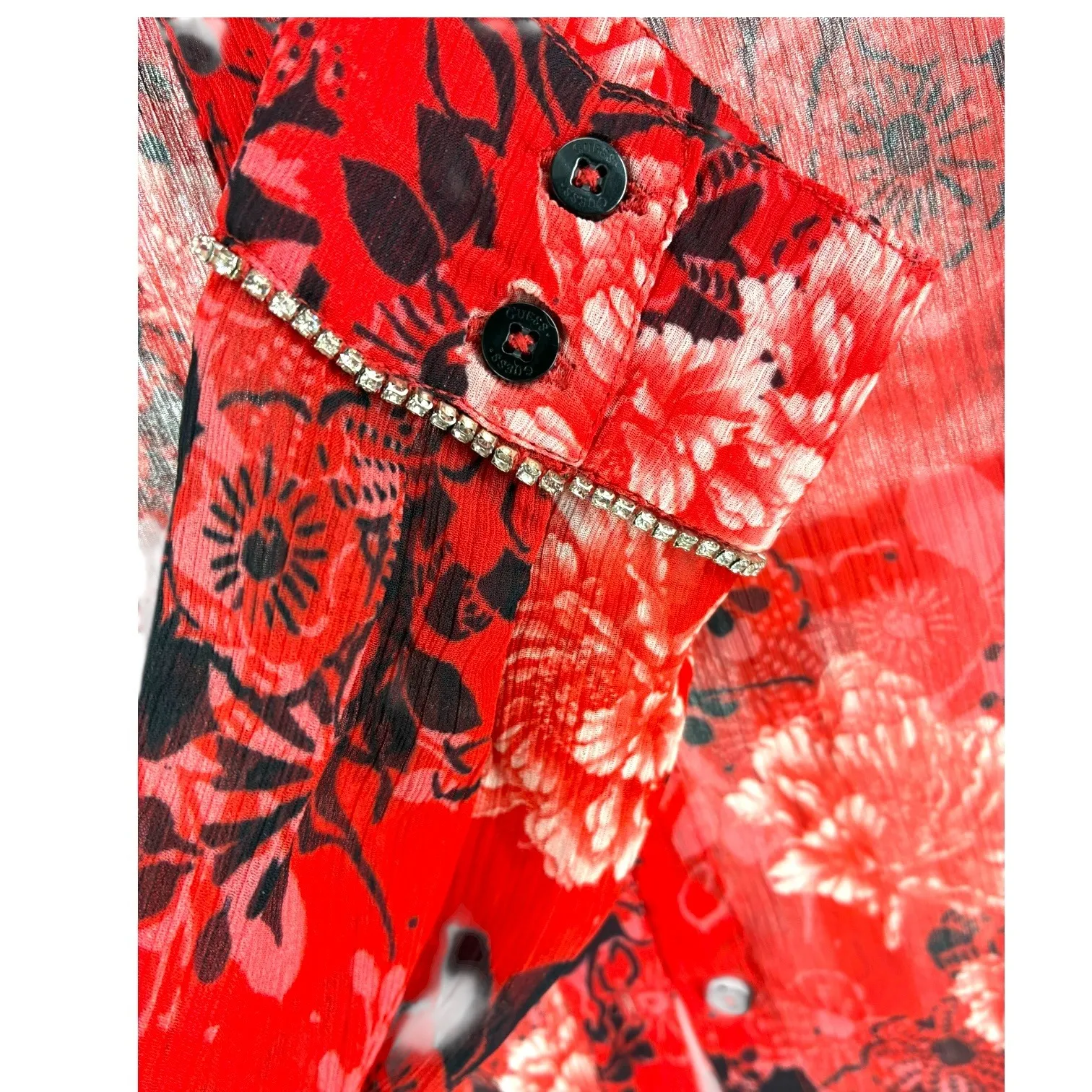 Guess Red Floral Sheer Button Up Long Sleeve Shirt Blouse Size L - Image 3