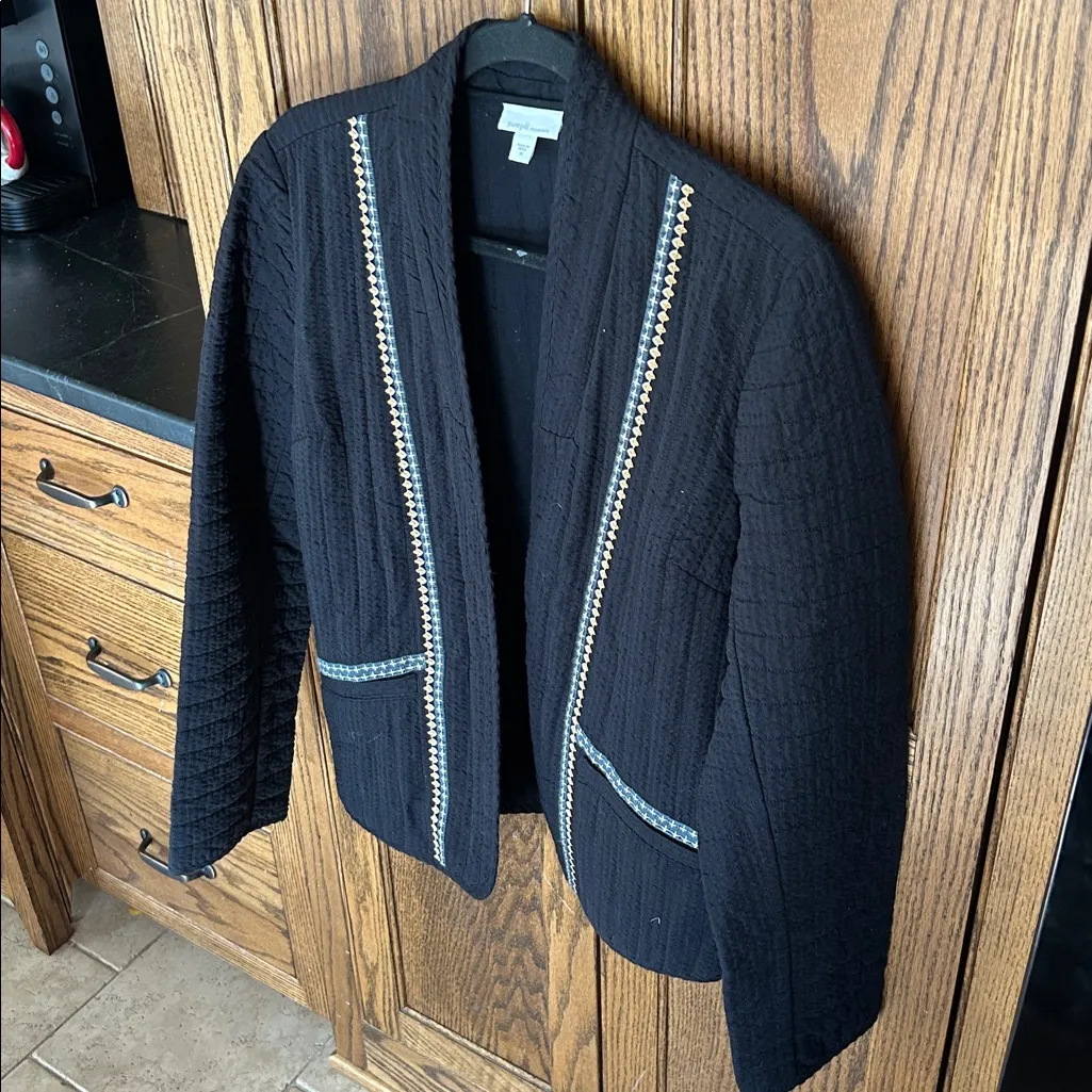 J Jill PureJill Elements Seersucker Black Trimmed Quilted Open Jacket Cardigan M Size M - Image 3