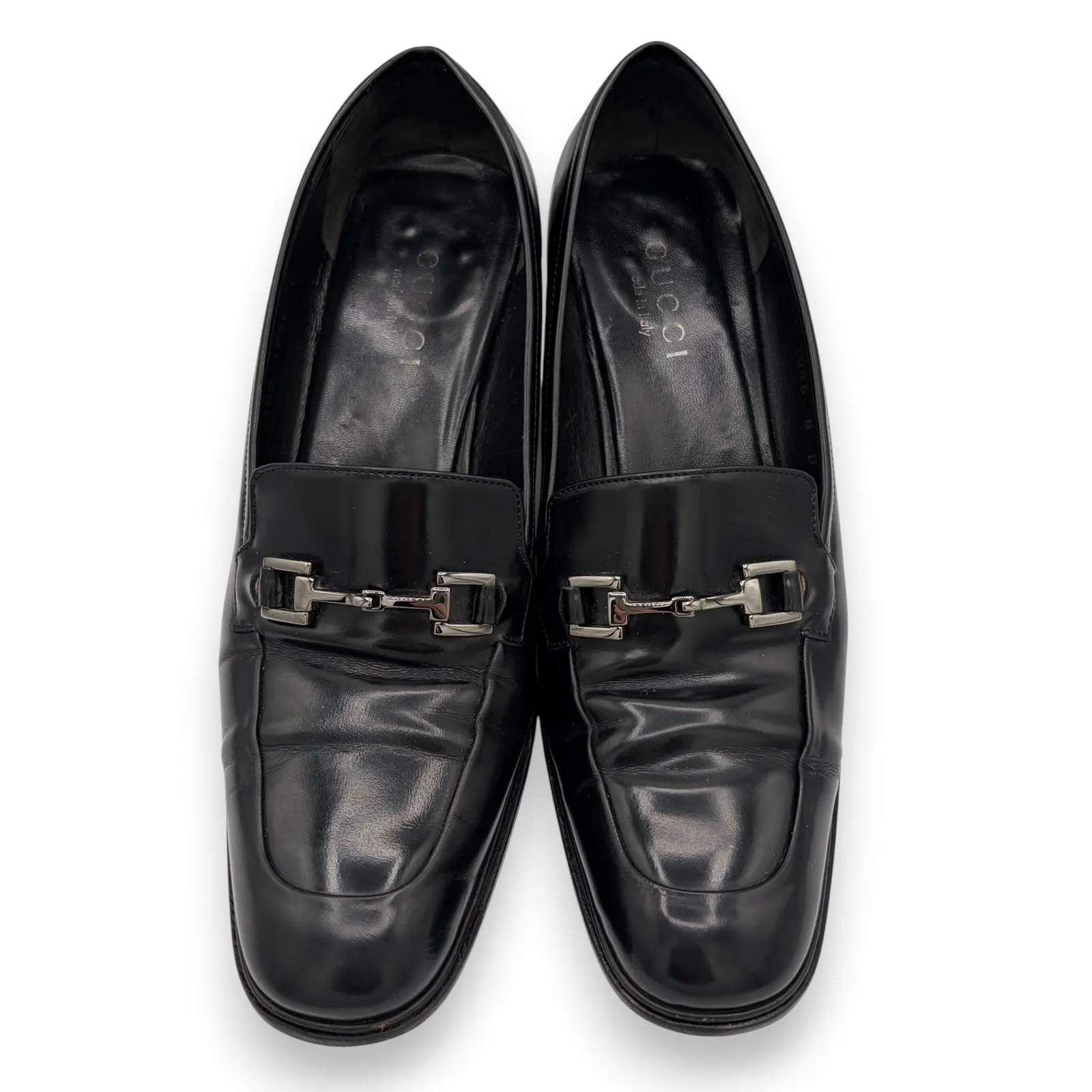 GUCCI Black Horsebit Leather Loafers Sz 8 Square Toe Classic Luxury Italy Heel - Image 2