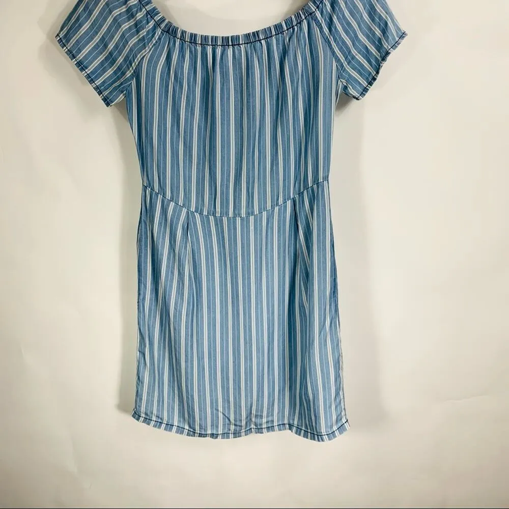 Blue White Stripe Chambray Dress Off Shoulder Small - Image 8
