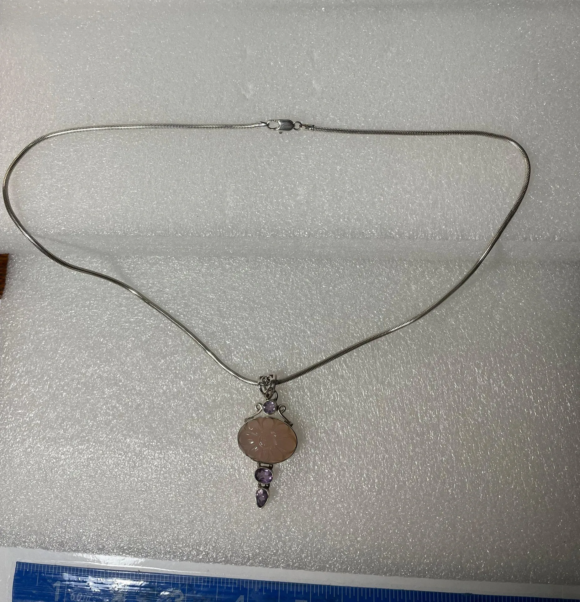 Sterling Silver Vintage 925  Pink Quartz & Amethyst Pendant & Snake Chain Necklace - Image 5