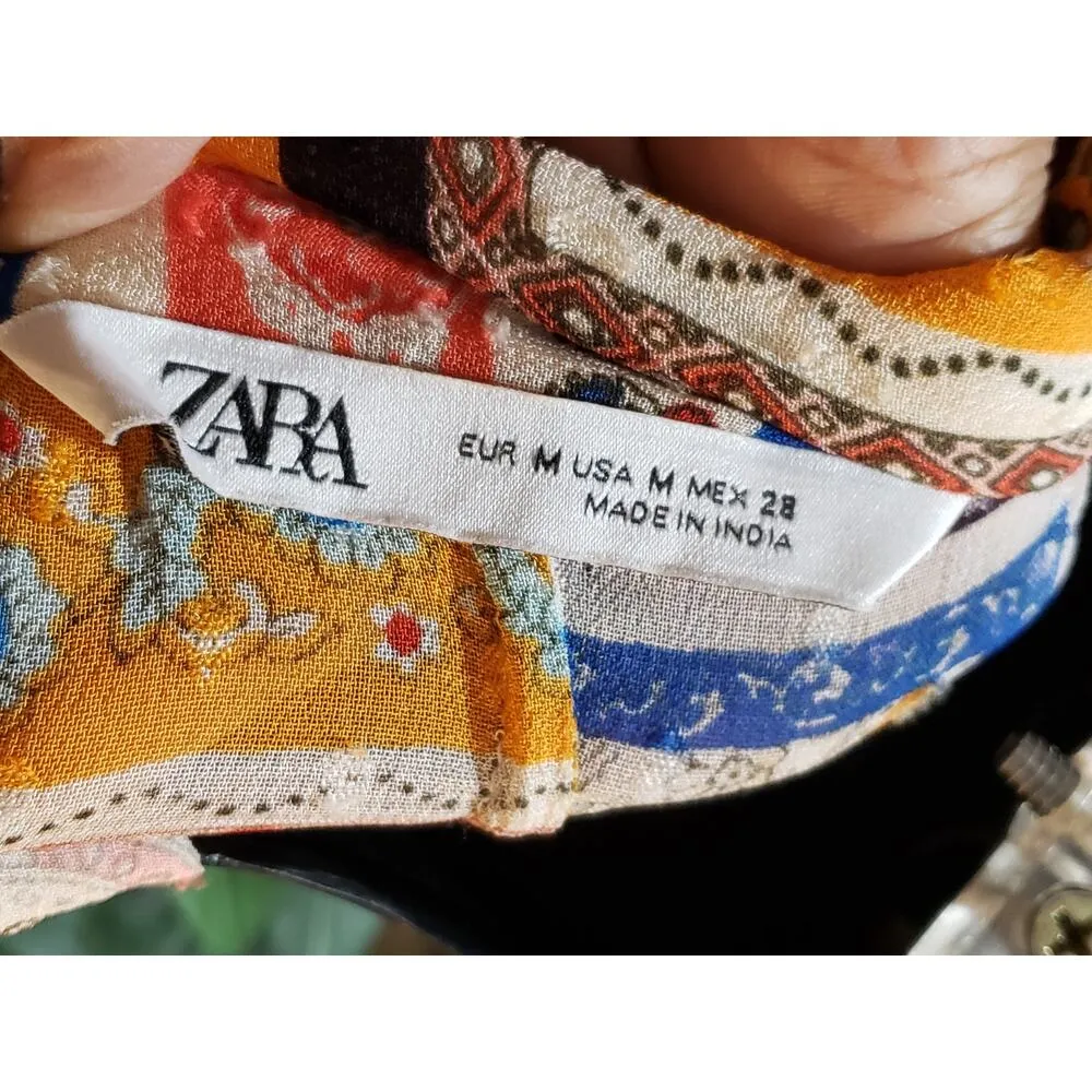 Zara Shirt Dress Womens Medium Multi Paisley Sheer Tie Waist Collar Button Front - Image 3