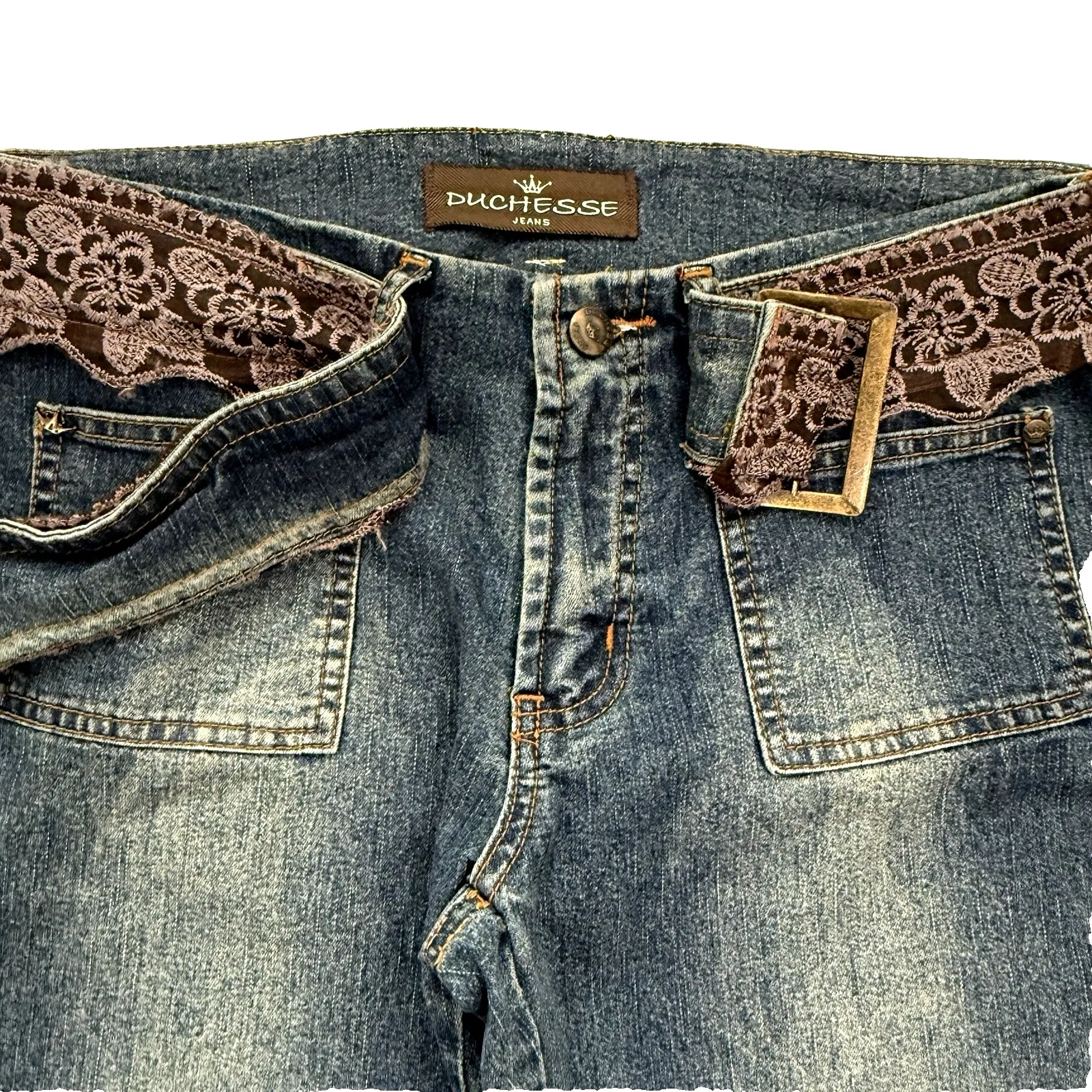 Vtg Y2K Low Rise Flare Jeans Lace Belt Women 10 M x 33" Boho Hippie Fairy Grunge Blue - Image 7