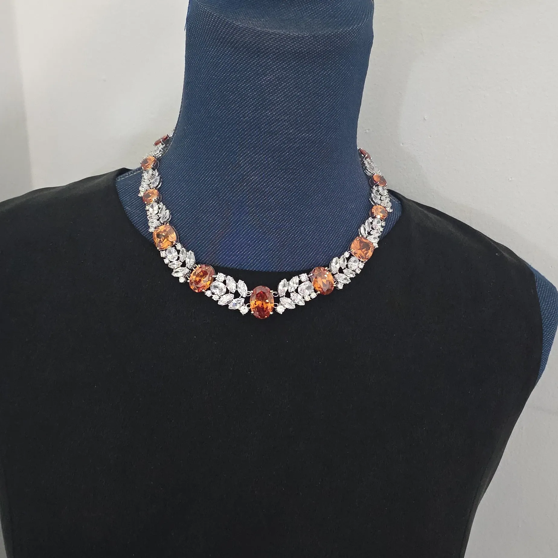 Silver Rhodium with Orange And Clear Zirconia Neckalce and Earrings Set - Image 16