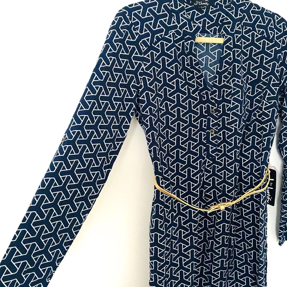 NWT J for Justify Gold Belted Geometric Blue and White Long Sleeve Dress Sz M - Image 4