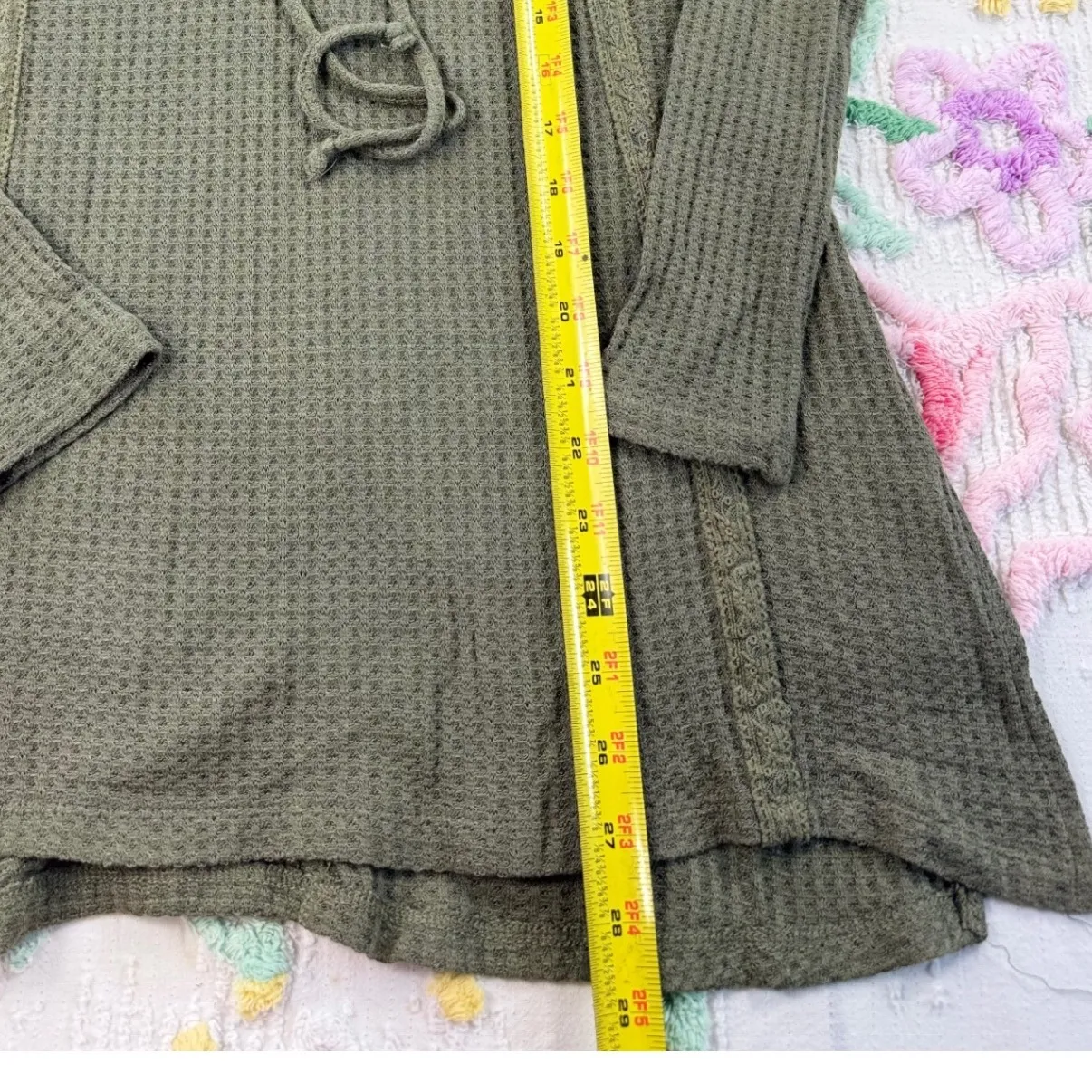 American Rag  Womens Olive Green Lace-Up Long Sleeve Waffle Knit Top XS - Image 4